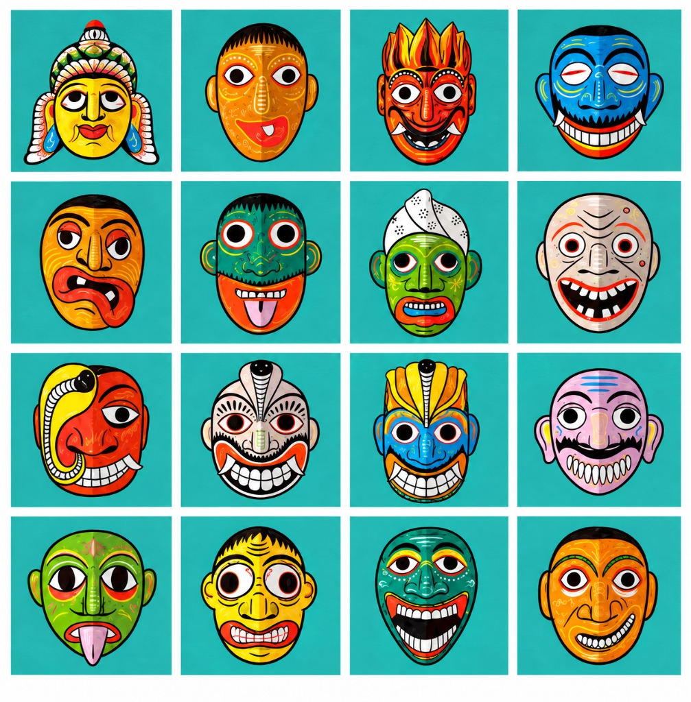 Curated collection of traditional Sri Lankan-inspired masks for the Tuana Mirissa mask painting experience.